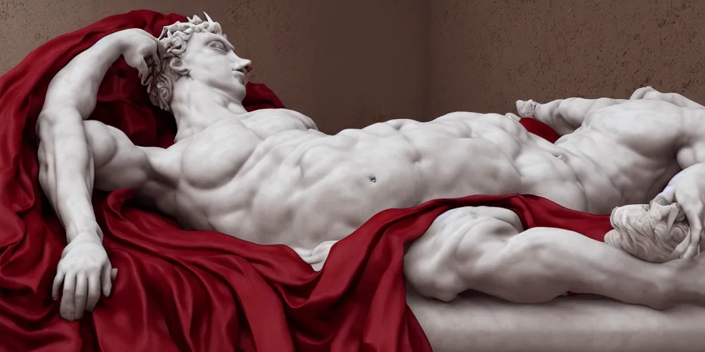 Image similar to baroque delicate full-body marble sculpture of reclining handsome horned teenage demon-boy laying back on a bed while checking notifications on a phone, red silk flowing fabric, marble white columns, Trending on artstation, octane render, cinematic, hyper realism, octane render, 8k, depth of field