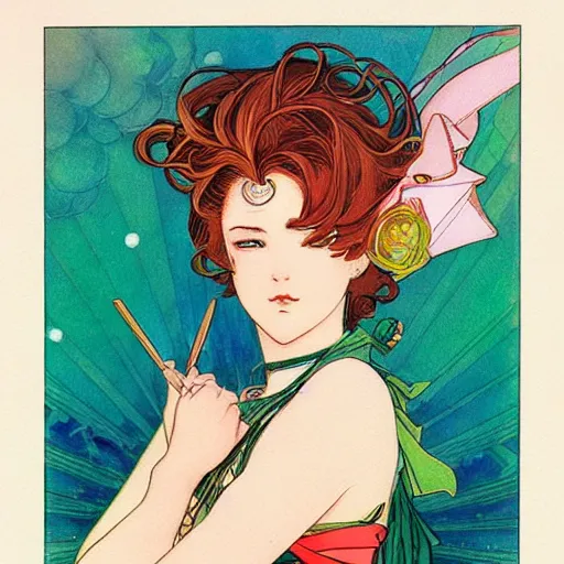 Prompt: the sailor jupiter. beautiful, realistic painting by mucha and kuvshinov and bilibin. synthwave watercolor, thick linings, manga, soviet realism