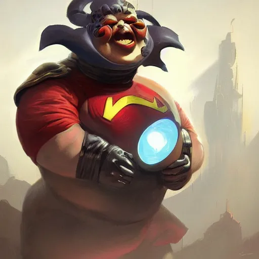 Prompt: a insanely detailed painting of an overweight masked superhero wearing a costume that's too small, staring at the computer nervously clicking on the mouse in the style of peter mohrbacher, dramatic lighting and composition, trending on artstation, concept art, comic book