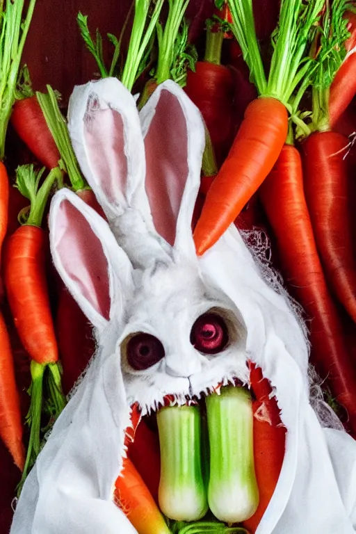 Prompt: portrait of rabbit, demon eyes, dracula fangs! haunted house, celery tomatoes carrots in background