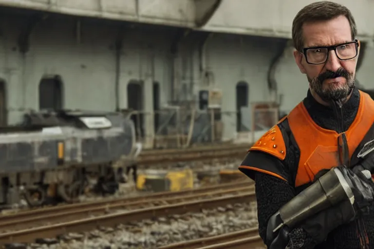 Prompt: vfx movie closeup real life gordon freeman holding wearing futuristic armor, half life logo on chest, crowbar in russian train yard by emmanuel lubezki