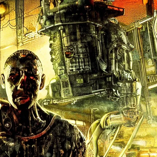 Image similar to half rusted old egg beater half stun - gun, balding older cyborg repairing, red hot soldering iron, dark messy smoke - filled cluttered workshop, dark, dramatic lighting, orange tint, cinematic, highly detailed, sci - fi, futuristic, movie still from blade runner