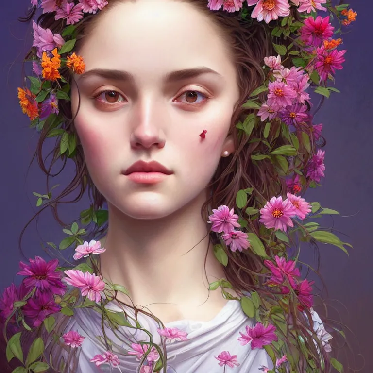 Prompt: full - length portrait!!!! about the beautiful!!!! symmetrical face!! girl, beautiful, cute face decorated with flowers and plants, complex, elegant, highly detailed, digital painting, artstation, concept art, smooth, clear focus, illustration, works by artgerm, greg rutkowski and alphonse mucha, 8 k