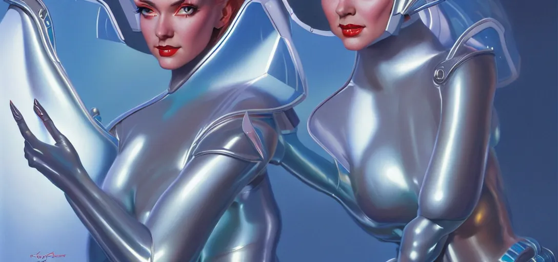 Image similar to portrait of a cute alien woman wearing shiny plastic armor in the style of roger dean and alberto vargas and stefan kostic, realistic, photoreal, sharp focus, 8 k high definition, insanely detailed, intricate, elegant, art by greg rutkowski and artgerm, extreme blur coral reef background
