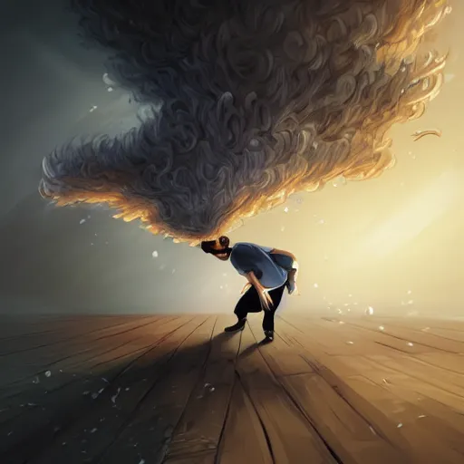 Image similar to a man breaking apart into particles blowing away in the wind, by cyril rolando, detailed, small details,