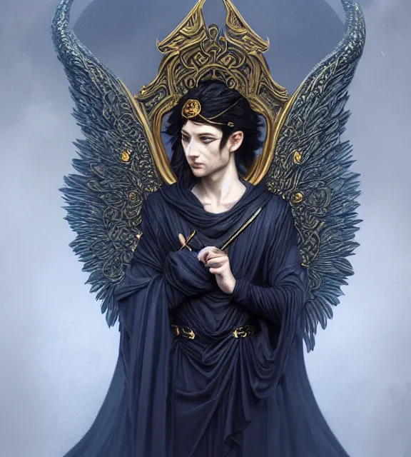 Prompt: god of death, young male, in the underworld, elegant dark blue dress, very detailed, throne, very intricate details, jewelry, gold eyeshadow, elaborate long black hairstyle, wings, cinematic, artstation, william bouguereau, magali villeneuve, greg rutkowski, rossdraws, octane render