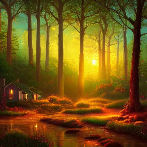 Prompt: fireflies in a forest inspired by Evgeny Lushpin,cottage,sunset,spring,cinematic,trending on ArtStation