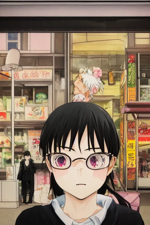 Prompt: Kodak portra 160, 8K, highly detailed, original perspective seinen manga portrait, eye contact, focus on smile, tilt shift background: famous artist in syd mead anime remake, flower shop scene