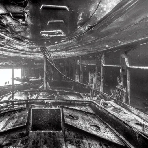 Image similar to the interior of a partially flooded rusty shipwreck, dark, scary lighting, scary, creepy, eerie, horror, submechanophobia, submerged machinery, photo,