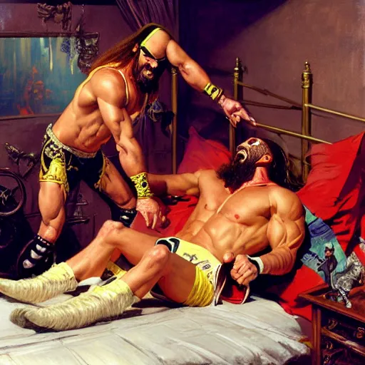 Image similar to macho man randy savage ring gear is in his bed, nervous and terrified, because lex lugar in a wheel chair is attacking him. highly detailed painting by gaston bussiere, j. c. leyendecker, greg rutkowski, craig mullins 8 k