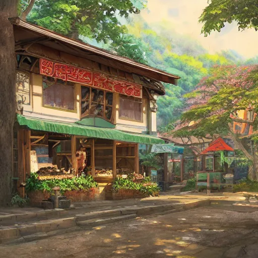 Image similar to concept art painting of a historic bakery with european and japanese architecture, in a forest village surrounded by trees, realistic, detailed, cel shaded, in the style of makoto shinkai and greg rutkowski and james gurney