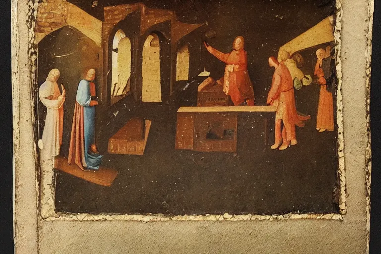 Prompt: polaroid photo of an medieval painting of an ufo