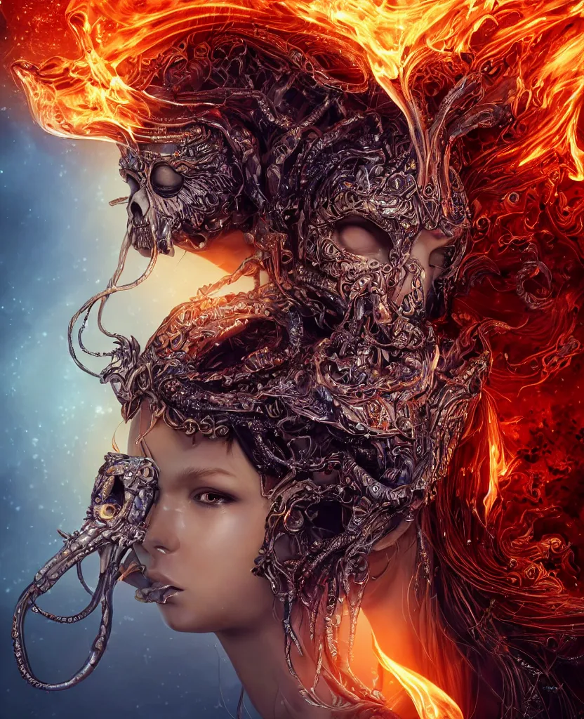 Image similar to close-up macro portrait of the face of a beautiful princess with animal skull mask, epic angle and pose, symmetrical artwork, 3d with depth of field, blurred background, cybernetic jellyfish female face skull phoenix bird, translucent, nautilus, energy flows of water and fire. a highly detailed epic cinematic concept art CG render. made in Maya, Blender and Photoshop, octane render, excellent composition, cinematic dystopian brutalist atmosphere, dynamic dramatic cinematic lighting, aesthetic, very inspirational, arthouse. y Greg Rutkowski, Ilya Kuvshinov, WLOP, Stanley Artgerm Lau, Ruan Jia and Fenghua Zhong