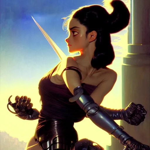 Image similar to battle angel Alita, dark fantasy, medium shot, intricate, elegant, highly detailed, digital painting, volumetric light, artstation, concept art, smooth, sharp focus, illustration, art by Gil Elvgren and Greg Rutkowski and Alphonse Mucha