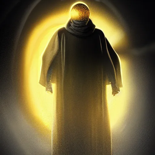 Image similar to award - winning. trending on artstation. cinematic. expressive. a faceless man wearing layered yellow robes while a black hole floats behind them. dark background.