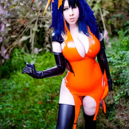 Prompt: Anime big bust girl in orange latex dress and orange latex gloves holding raven feather in her hand