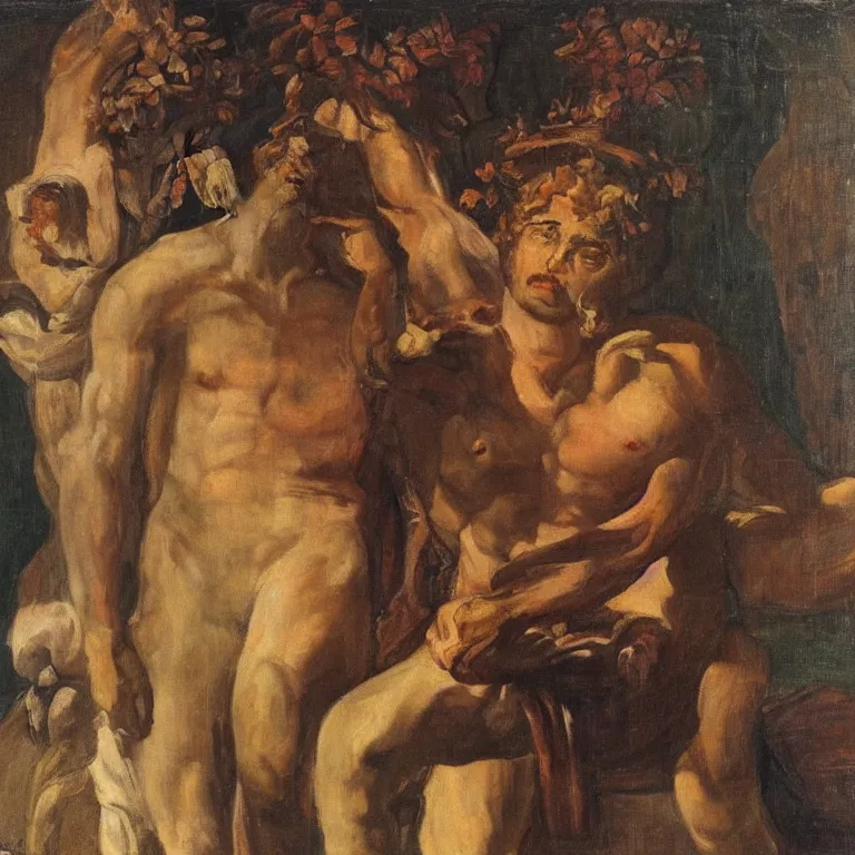 Image similar to portrait of Dionysus, the Greek god of wine, making eye contact with his partner across the room by 20th-century artist Francis Bacon