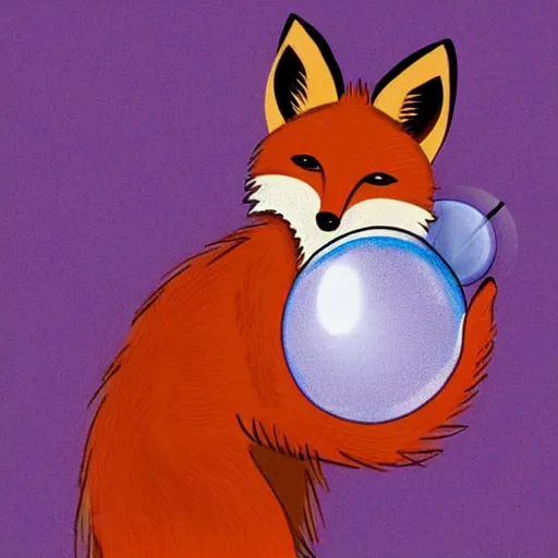 Image similar to anthropomorphous fox wearing gypsy clothing, looking into a magical crystal ball