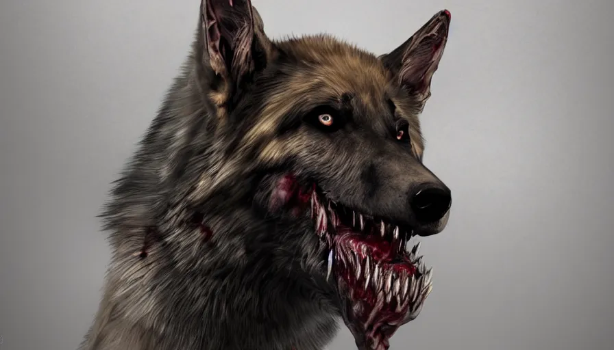 Image similar to zombie german shepherd with sharp teeth, bloody eyes, hyperdetailed, artstation, cgsociety, 8 k