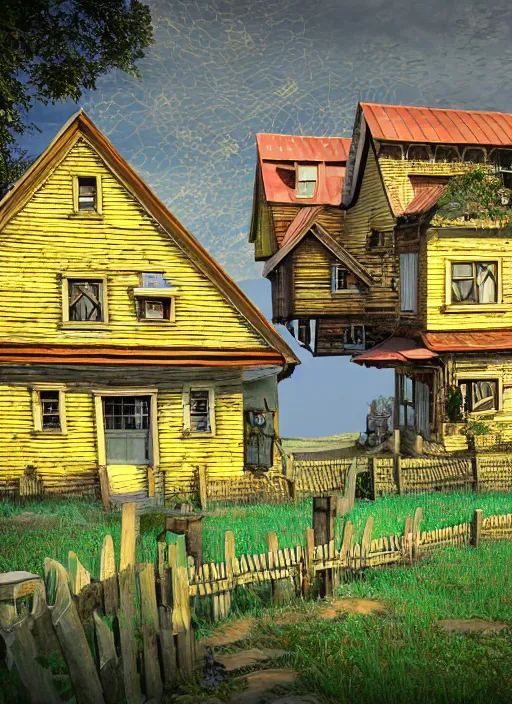Prompt: a dreamy old homestead in the style of mc escher, hyper realistic art, 4 k, hyper realistic, coherent design, symmetrical, vivid colour, trending on art station, in the style of pi - slices, complementary colour, golden ratio, detailed, sharp lines, intricate, rainbow shift, in unreal 3 d engine, ray tracing, octane render