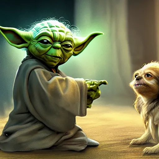 Image similar to master yoda yelling at his guilty dog, digital art, trending on art station, high quality, uhd 8 k, beautiful, golden hour, intricate detail, high gradient, raytracing, dynamic lighting, sharp focus