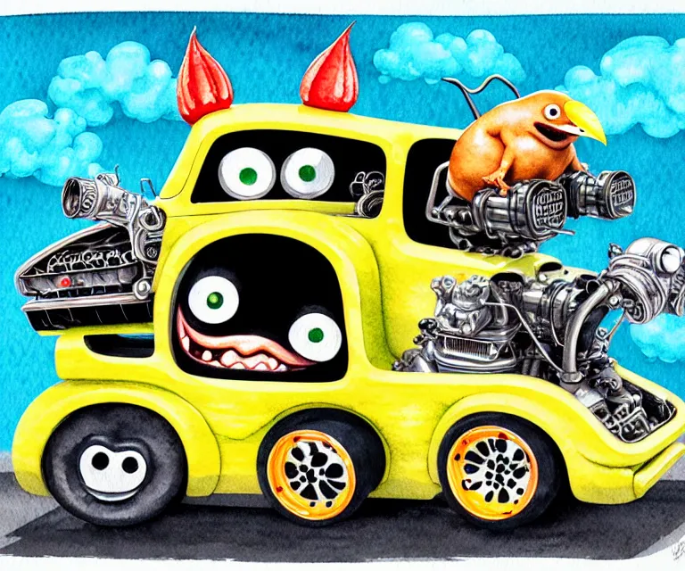 Image similar to cute and funny, black chicken wearing goggles driving a tiny hot rod with an oversized engine, ratfink style by ed roth, centered award winning watercolor pen illustration, isometric illustration by chihiro iwasaki, edited by craola, tiny details by artgerm and watercolor girl, symmetrically isometrically centered