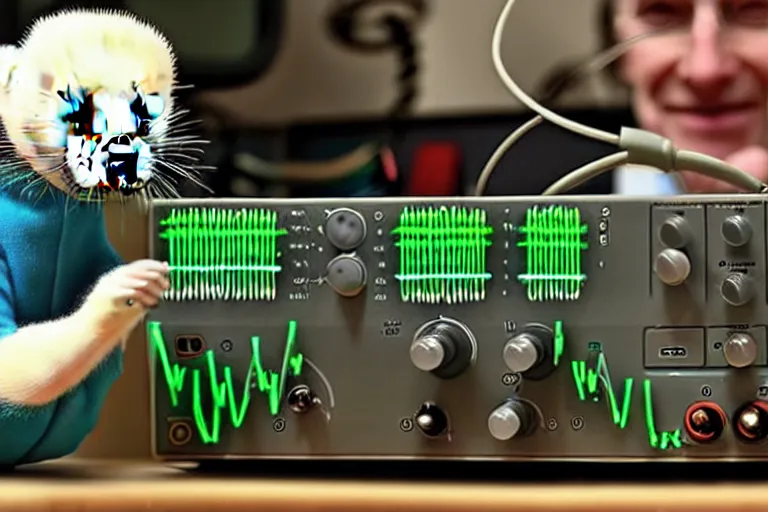 Prompt: an oscilloscope shaking a sound wave, wiggling a weasel, a stoat sinusoid spectacle : the wiggle and the wave - the wiggle is the wave! demonstration of a sine wave ermine.