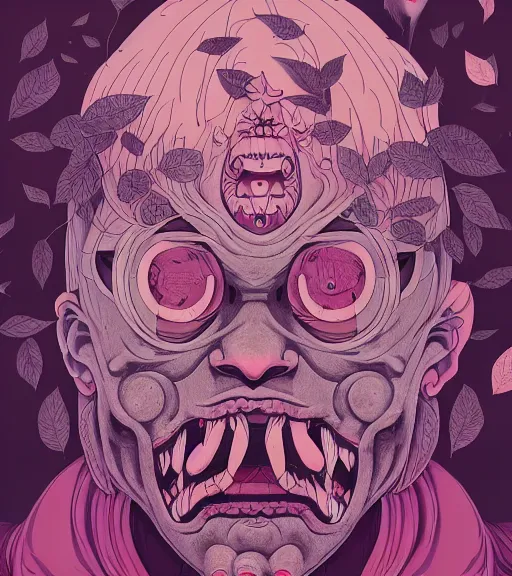 Prompt: portrait, nightmare anomalies, leaves with oni by miyazaki, violet and pink and white palette, illustration, kenneth blom, mental alchemy, james jean, pablo amaringo, naudline pierre, contemporary art, hyper detailed