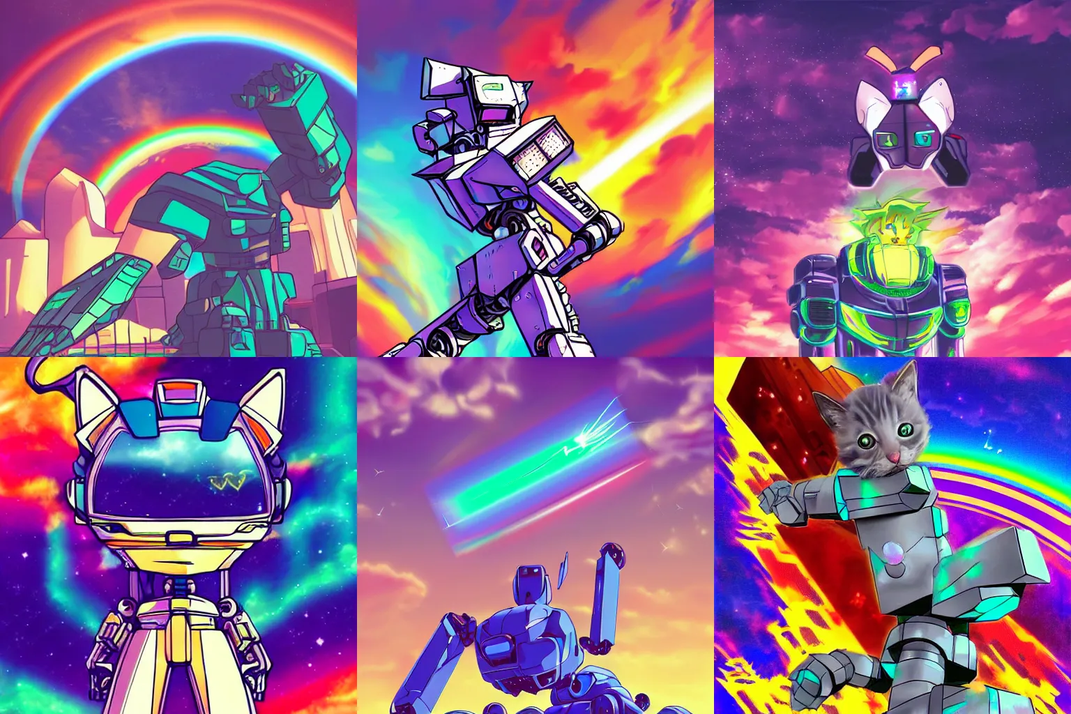 Prompt: A kitten fighting a giant robot, vaporwave, rainbow, anime, realistic, photo, hyperrealistic, cartoon