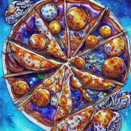 Prompt: cosmic pizza, watercolor, pen and ink, intricate line drawings, by Yoshitaka Amano, Ruan Jia, Kentaro Miura, Artgerm, detailed, trending on artstation, hd, masterpiece,