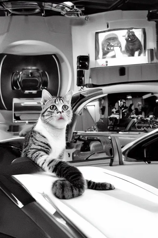 Prompt: Wide angle Cinematography of Toonces, The Cat Who Could Drive A Car driving a car with comedian Steve Martin as a Passenger, shot on a 9.8mm wide angle lens on the soundstage of Saturday Night Live located inside 30 Rockefeller plaza