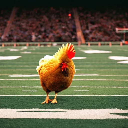 Image similar to the famous funky chicken runs across a football field, interrupting the big game, 3 5 mm