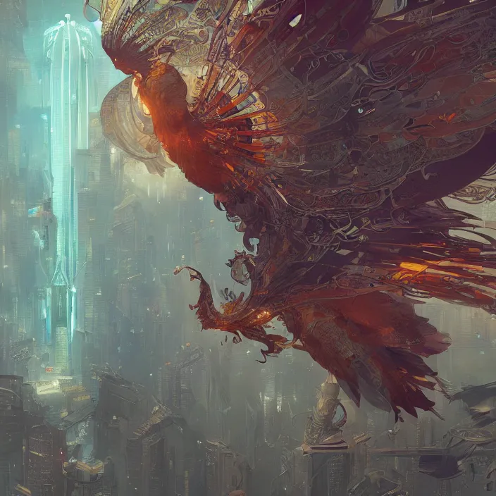 Image similar to concept art by victo ngai and lfons mucha, greg rutkowski, portrait of cyberpunk phoenix, dim lighting, detailed portraits, unreal engine 5, highly rendered,, digital painting, artstation, concept art, smooth, sharp foccus ilustration, detailed and intricate environment ， artstation hq