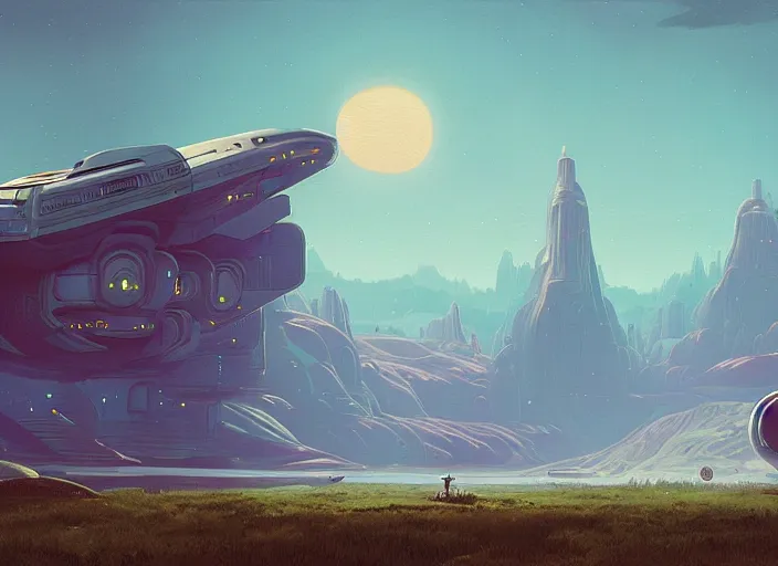 Prompt: a spaceship in a stunning landscape by simon stalenhag