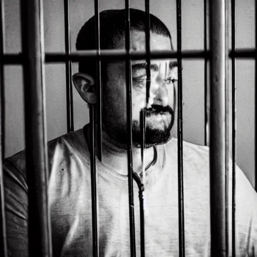 Prompt: TJ The Amazing Atheist behind bars looking sad