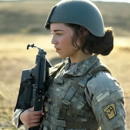 Prompt: emilia clark as a female soldier, pentax k 1 0 0 0