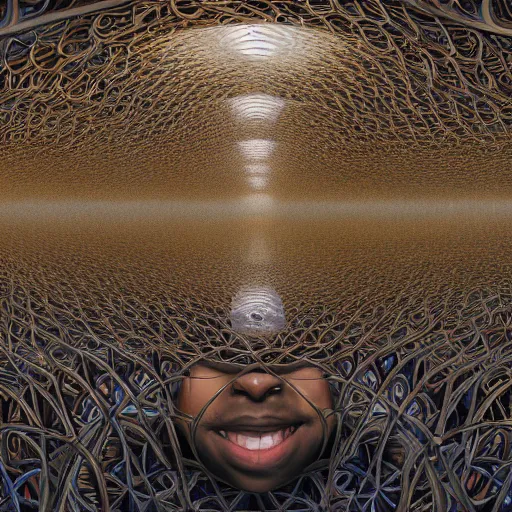 Image similar to a breathtaking 8 k resolution matte painting of a black boy lost inside a vast and endless four dimensional hall of mirrors, in a symboloic and meaningful style, by m. c. escher and alex grey and android jones