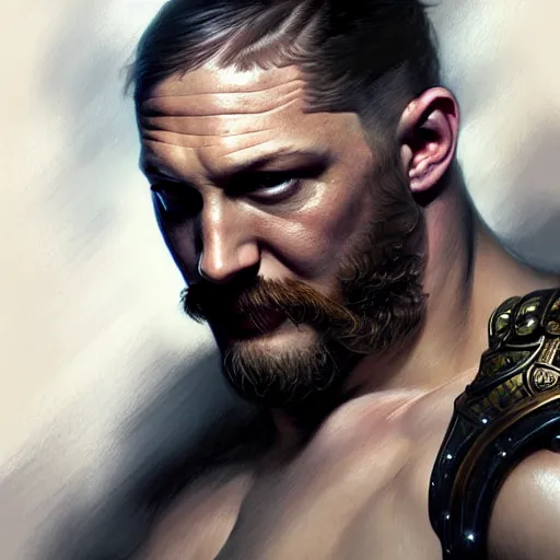 Prompt: Tom hardy, muscular upper body, D&D, fantasy, intricate, elegant, highly detailed, digital painting, artstation, concept art, smooth, sharp focus, illustration, art by artgerm and greg rutkowski and alphonse mucha