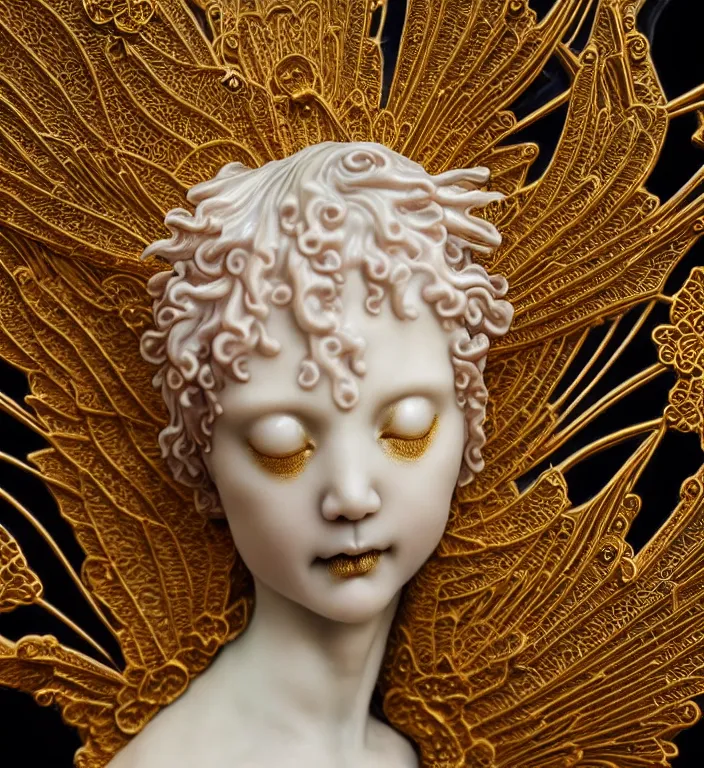 Image similar to gothic angel falling from heaven, A Close up photo-real delicate ceramic porcelain sculpture of a symmetrical ornate detailed in front of an intricate background by Victo Ngai and takato yamamoto, micro detail, backlit lighting, golden ratio, face in focus, subsurface scattering, translucent, art deco, octane renderer, colorful, physically based rendering, gold leaf mural