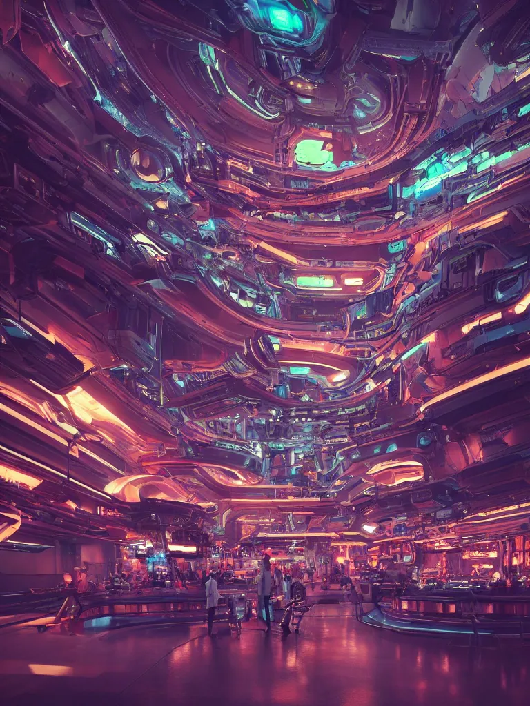 Prompt: kodachrome photo of futuristic interior of a busy spaceport on an alien world, neon lighting and spotlights, intricate artwork by tooth wu and wlop and beeple. octane render, trending on artstation, greg rutkowski very coherent symmetrical artwork. cinematic, hyper realism, high detail