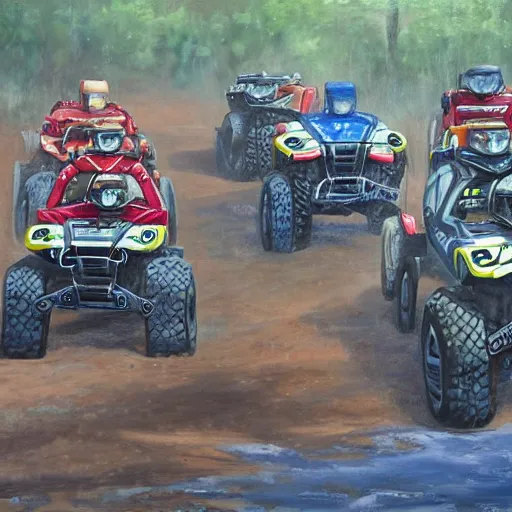 Image similar to all terrain vehicle race, painting by jerome bosch