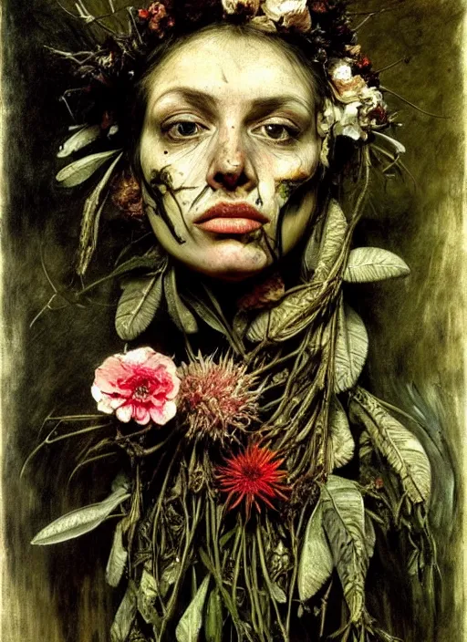 Image similar to beautiful and detailed rotten woman made of plants and many different types of flowers, muscles, intricate, organs, ornate, surreal, john constable, guy denning, gustave courbet, caravaggio, romero ressendi sorolla