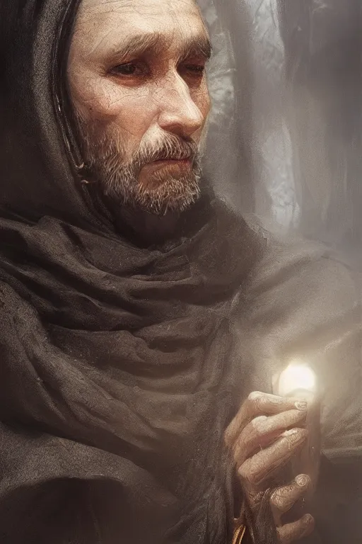 Image similar to medieval priest, close-up portrait, devoted, intricate, elegant, volumetric lighting, scenery, digital painting, highly detailed, artstation, sharp focus, illustration, concept art,ruan jia, steve mccurry