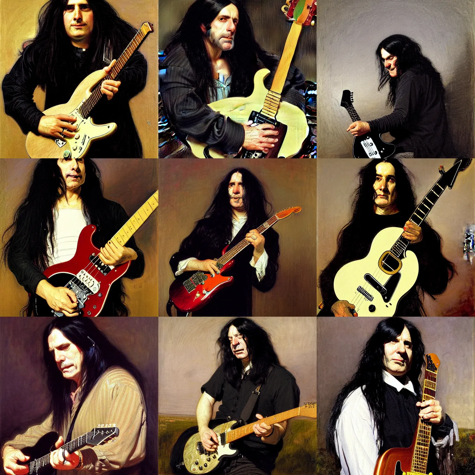 Prompt: a portrait of a man with long black hair playing electric guitar by samuel luke fildes, 1 9 9 0 s