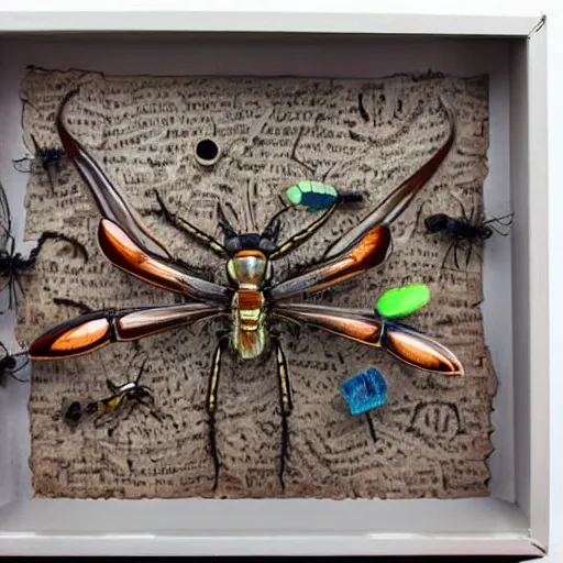 Prompt: pinned alien insect collection, museum, glass case