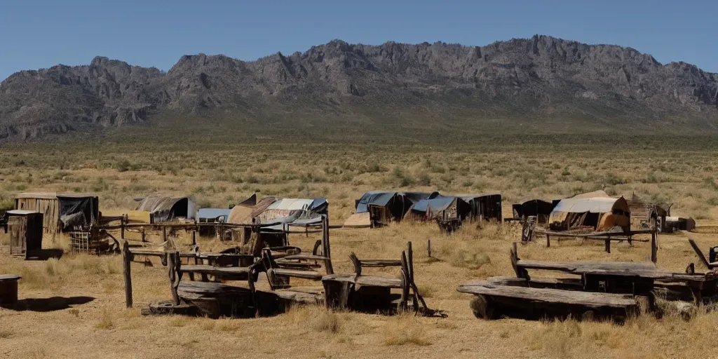 Image similar to a wild west scenery, camps in the background