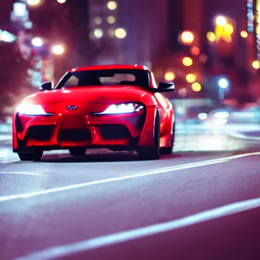 Prompt: still of a toyota supra on the road in New York, action shot, 85mm, night city, anime, cell shaded, in the spotlight