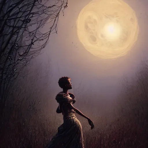 Prompt: a highly detailed portrait of a black woman chasing her dreams through a field of nightmares, a hyperrealistic high renaissance painting by gustave dore, unreal engine, dark fantasy art by greg rutkowski, loish, rhads, ferdinand knab, makoto shinkai and lois van baarle, ilya kuvshinov, radiant lighting, moon light.