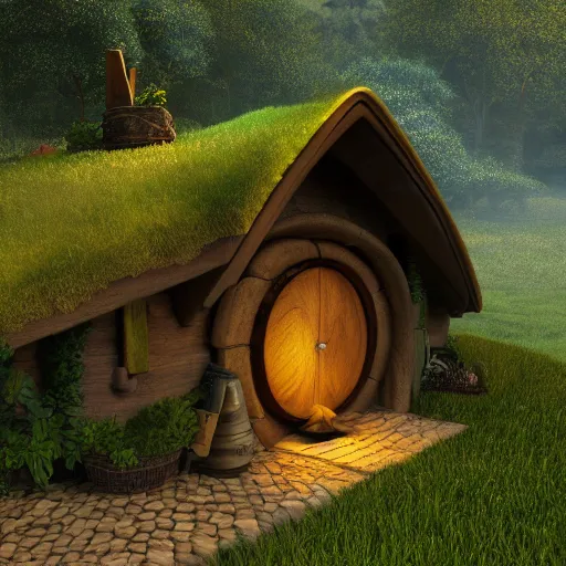 Prompt: hobbit house,doodad,realistic,volumetric lighting,sharp focus,photorealistic,detailed