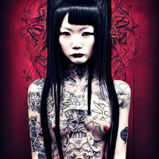 Image similar to japanese gothic model with maximalist hair style and kanji tattoos, charred photo border, dark colors, fashion model, portrait shot, depth of field, 8 k, hyper detailed, intricate, trending on artstation
